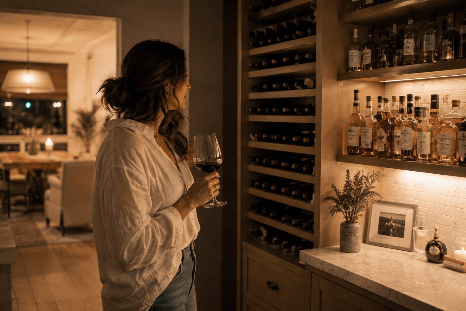 A woman standing quietly in front of a well-stocked home bar and wine rack as she reflects on the role alcohol plays in her life.