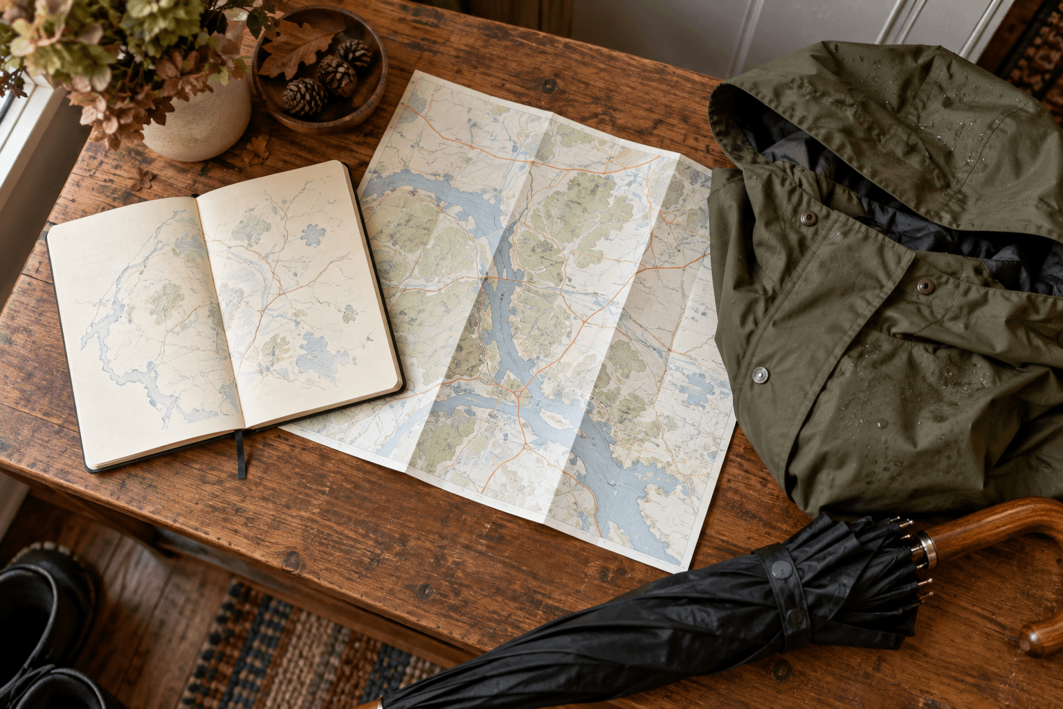 A notebook and folded map beside a raincoat and closed umbrella on an entry table.