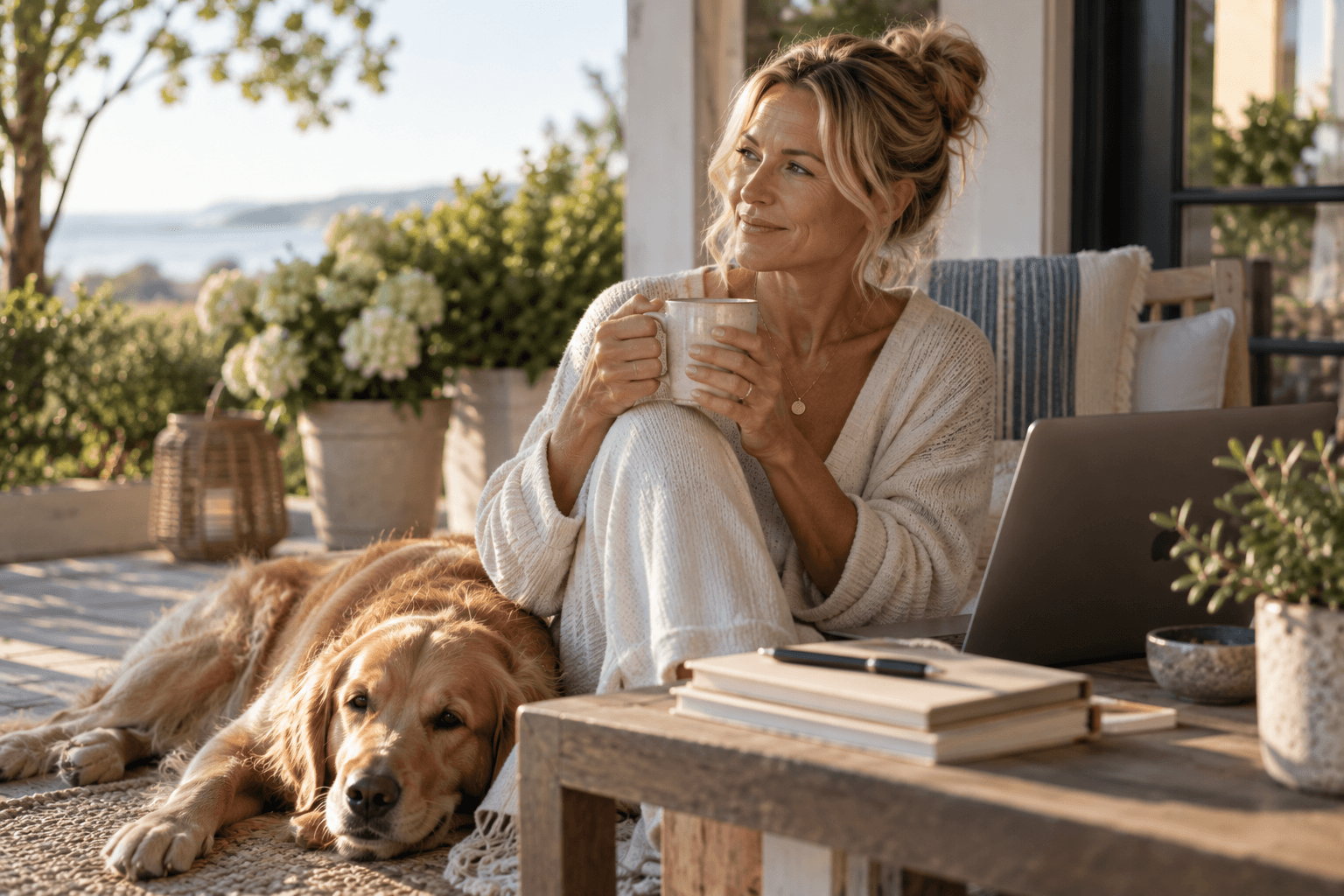 A woman in her 50s enjoying coffee with a Golden Retriever on a peaceful sunlit porch in the morning.