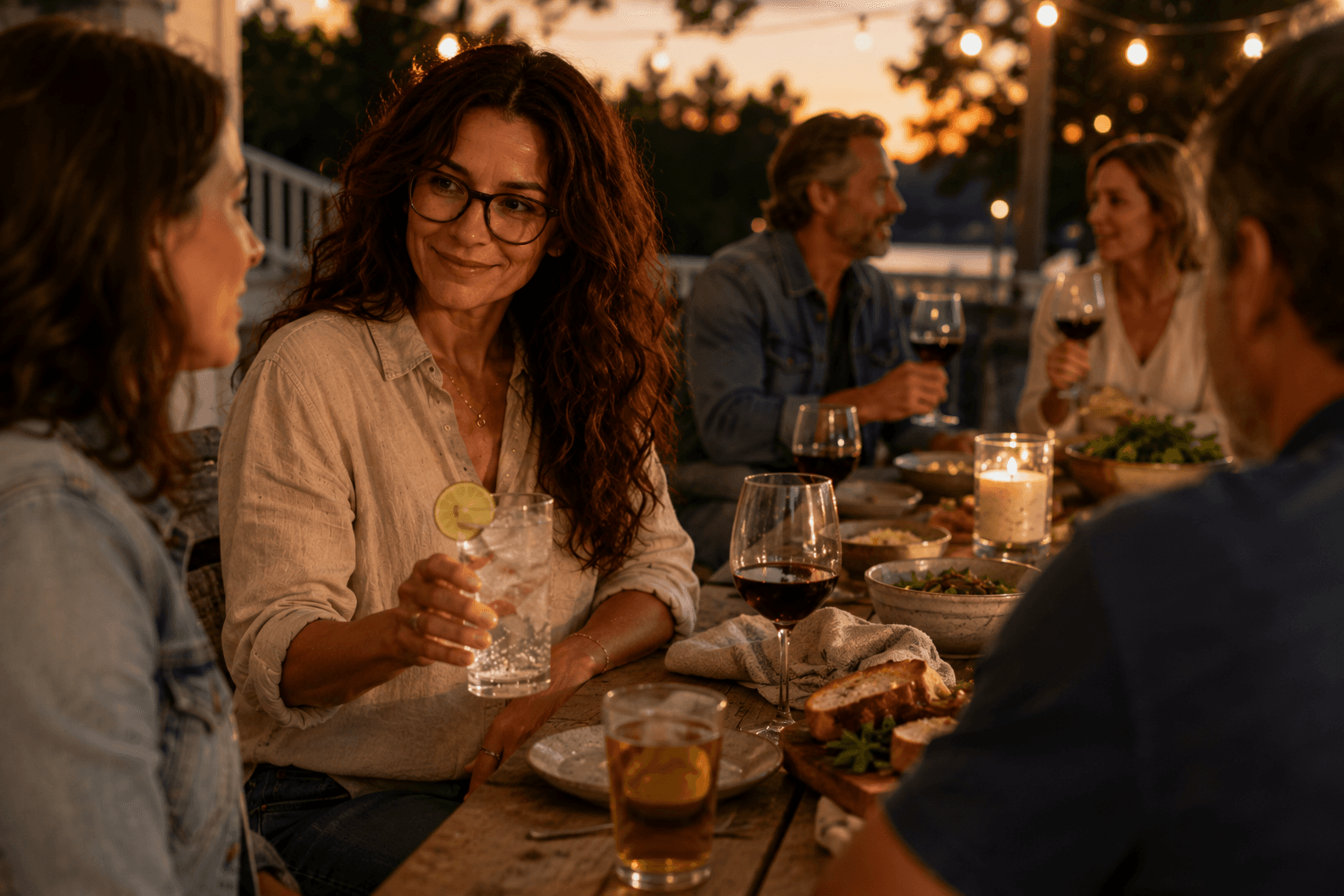 Danielle choosing a sparkling alcohol-free drink while spending time with friends and family at an outdoor dinner.