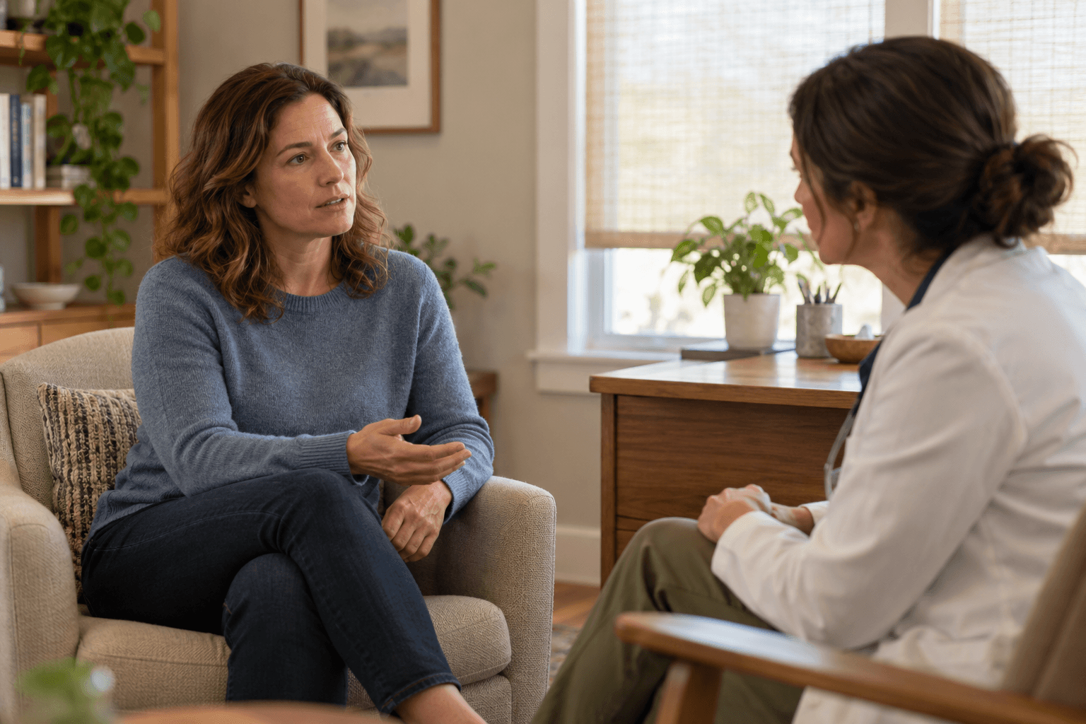 A woman in a blue sweater talks with a clinician in a softly lit office.