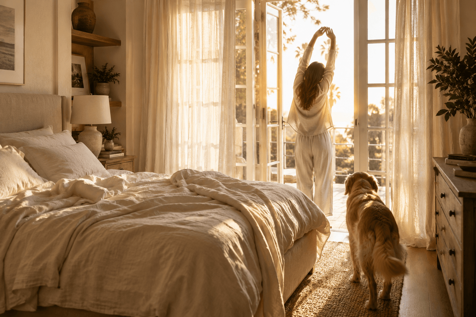 Soft morning sunlight filling a peaceful bedroom after a restful alcohol-free night of sleep.