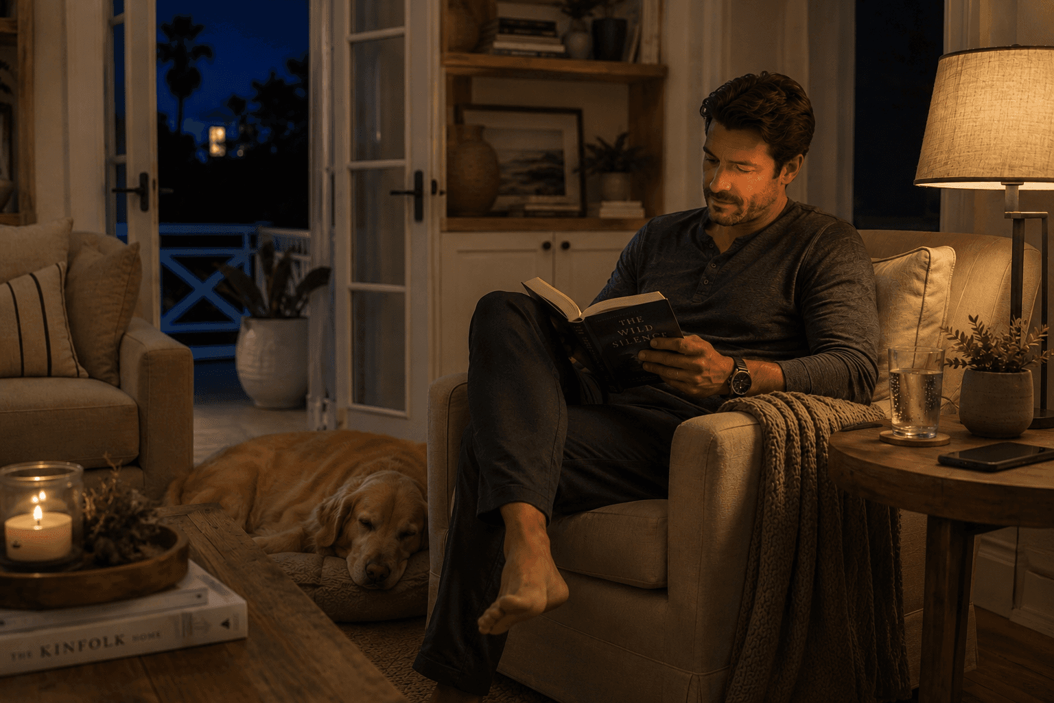 A man reading quietly in a warm living room at night with a golden retriever sleeping nearby during a peaceful sober evening.