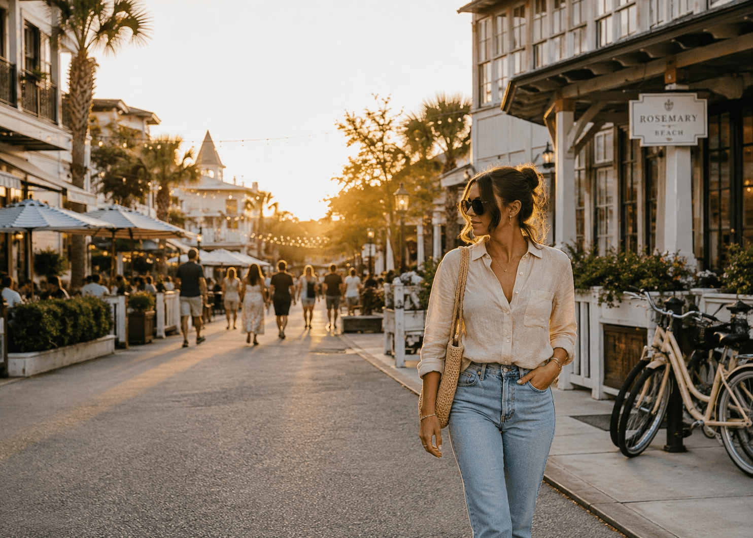 A woman walking through a lively coastal town at golden hour on a Friday evening without alcohol.