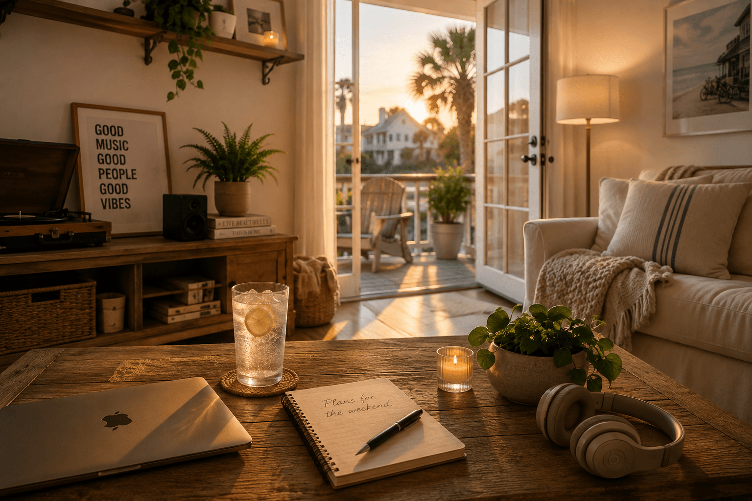 A peaceful coastal living room at golden hour with a closed laptop, sparkling water, headphones, and a journal ready for an alcohol-free Friday evening.