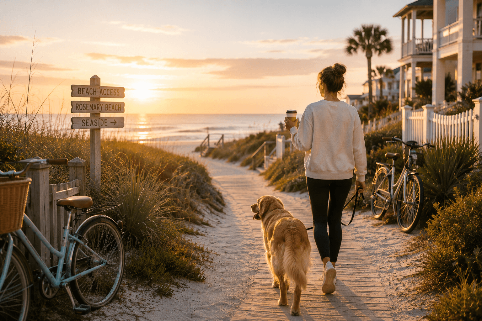 A woman walking a Golden Retriever toward the beach with coffee on a peaceful Saturday morning after an alcohol-free Friday night.