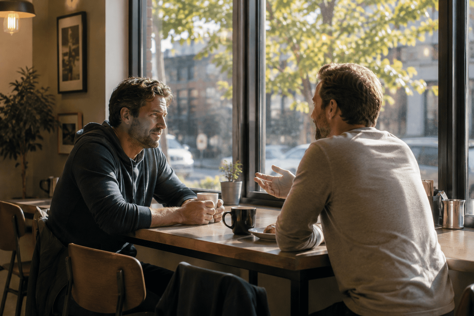 Two friends talking over coffee and breakfast in a warm neighborhood cafe during a quiet morning.