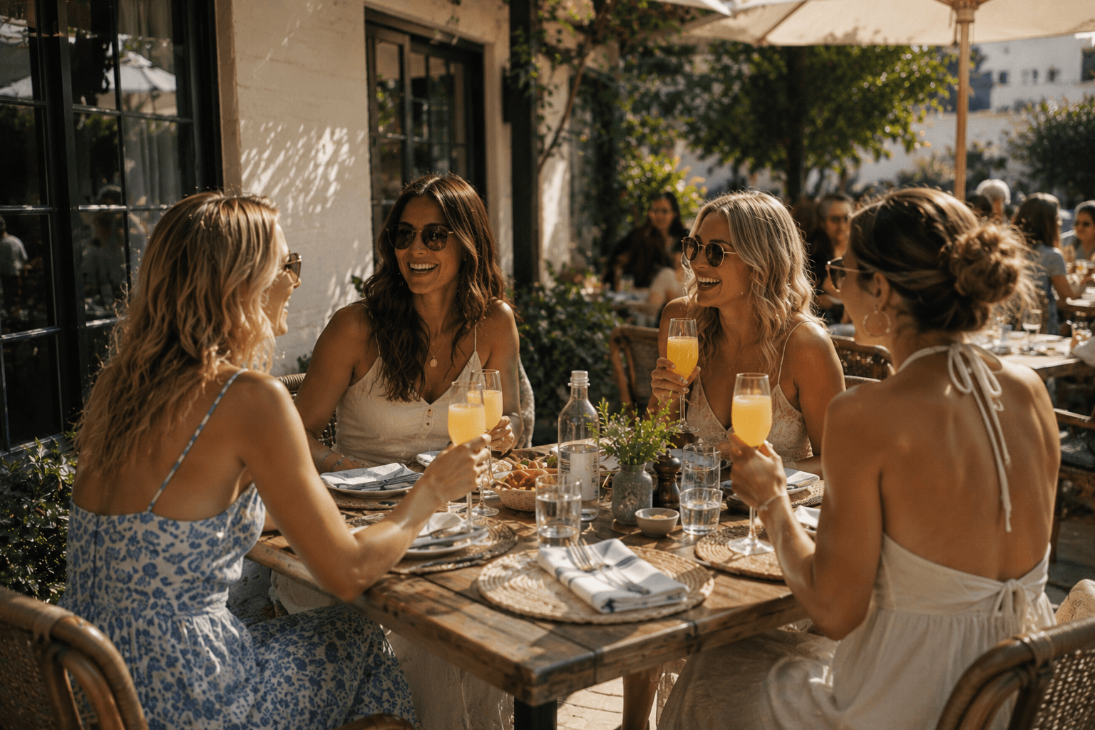 Four women laughing together over brunch with mimosas at an outdoor coastal restaurant.
