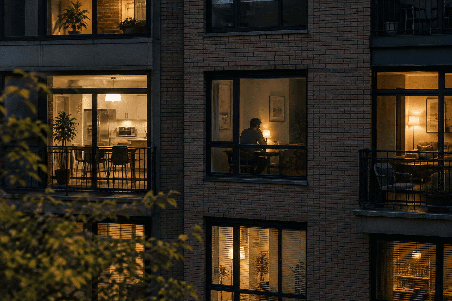 A person sitting alone inside one illuminated apartment window while nearby windows show other residents moving through ordinary evening routines.
