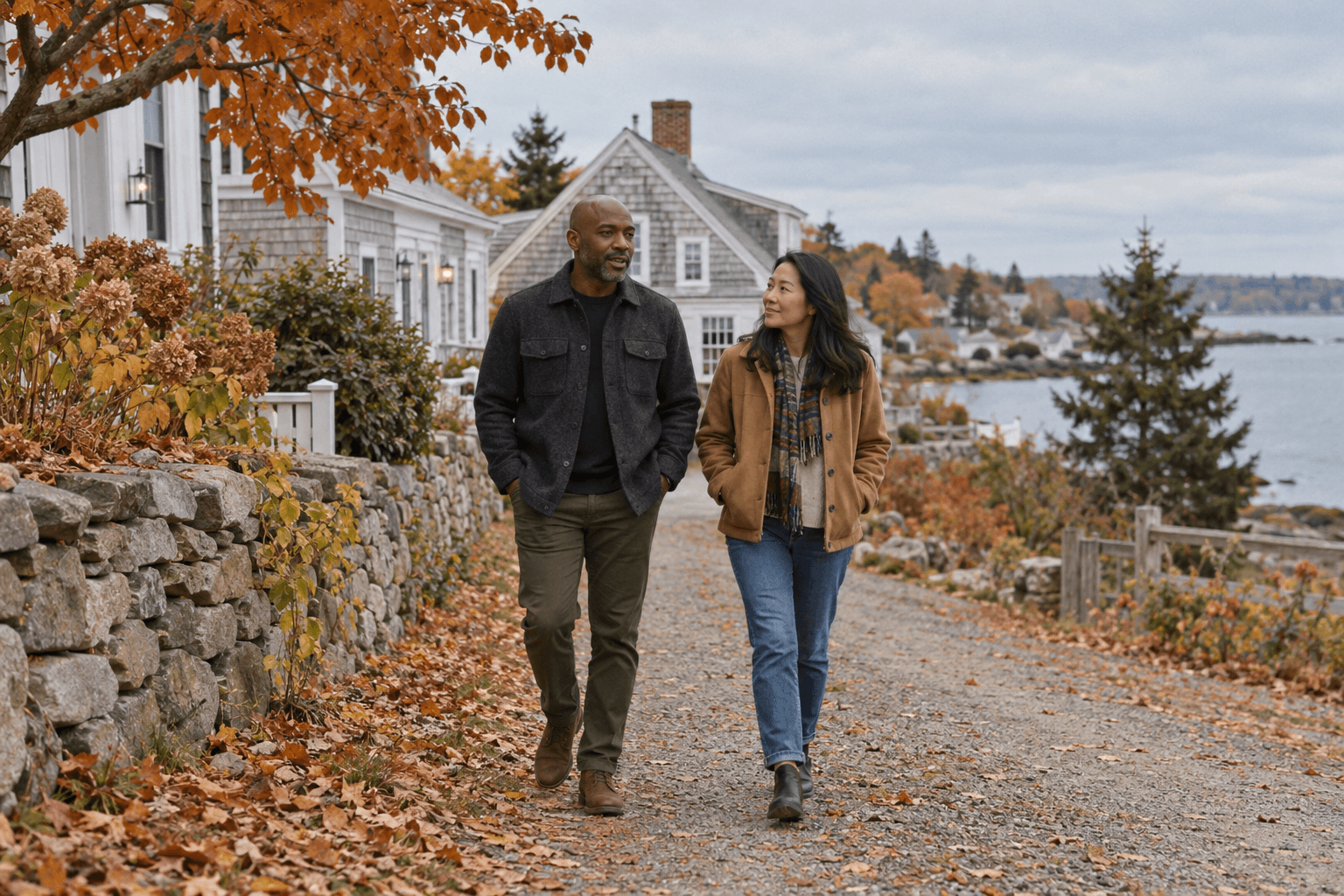 Two adults walk together on a coastal path beside autumn trees and weathered houses.