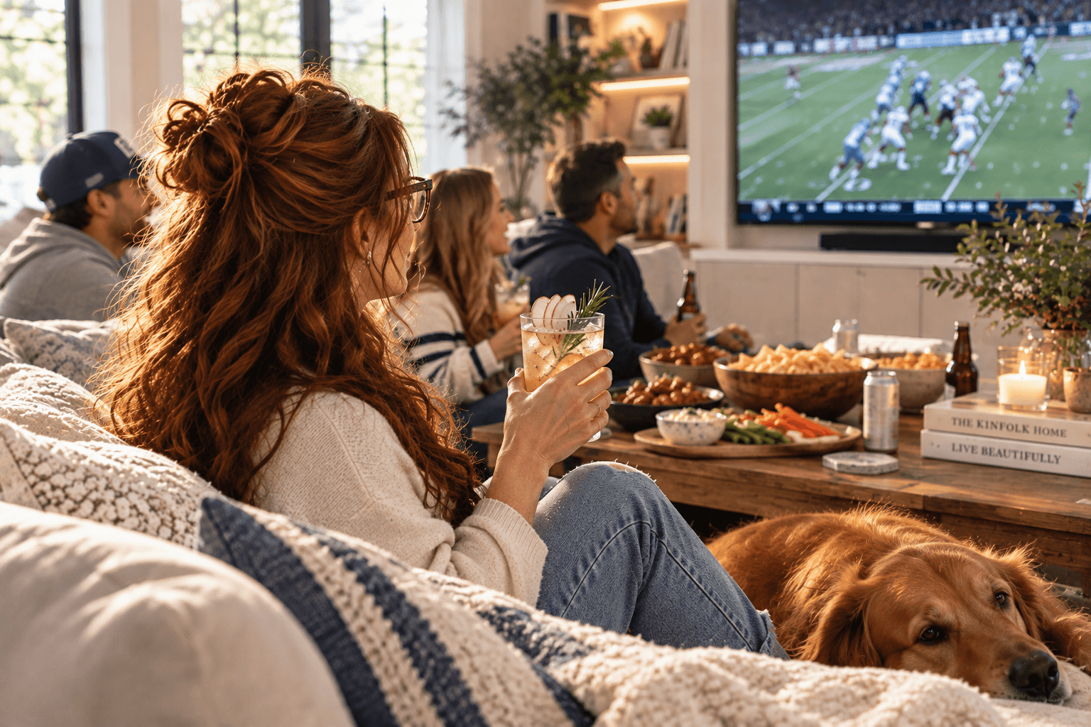 Friends watching football together at home with game-day food and a mix of drinks while Danielle enjoys an Apple Rosemary Fizz.