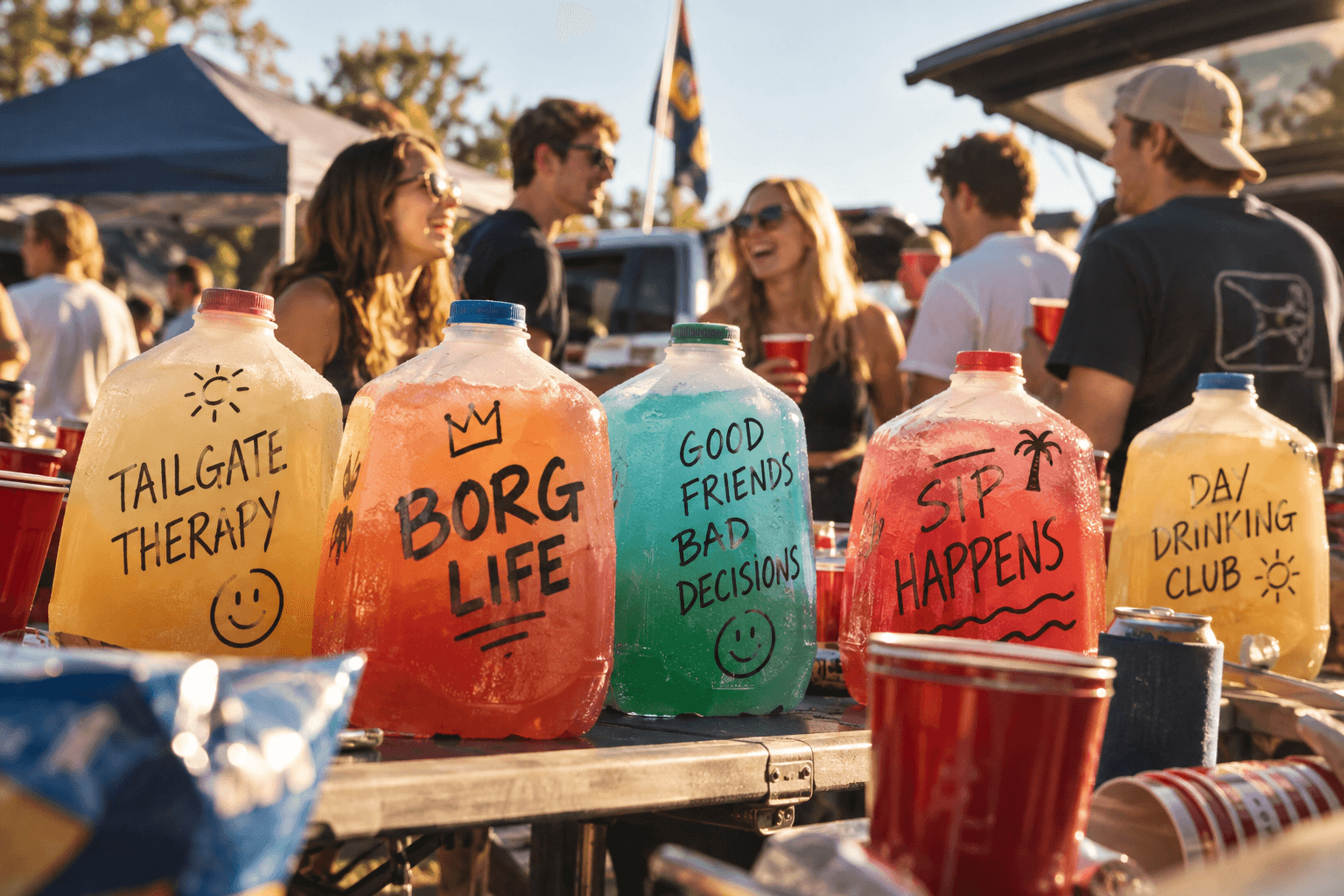 Decorated gallon-size BORG drinks lined up on a table at a college-style football tailgate.