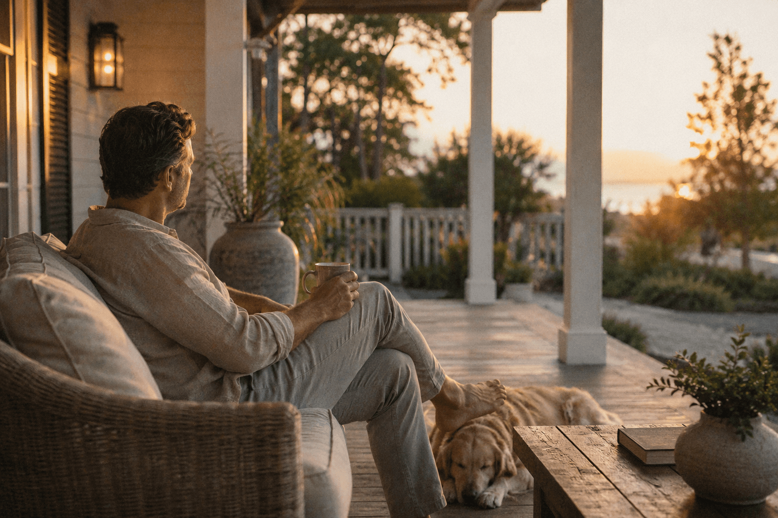 A man relaxing with his golden retriever on a coastal porch during a peaceful late-summer evening.