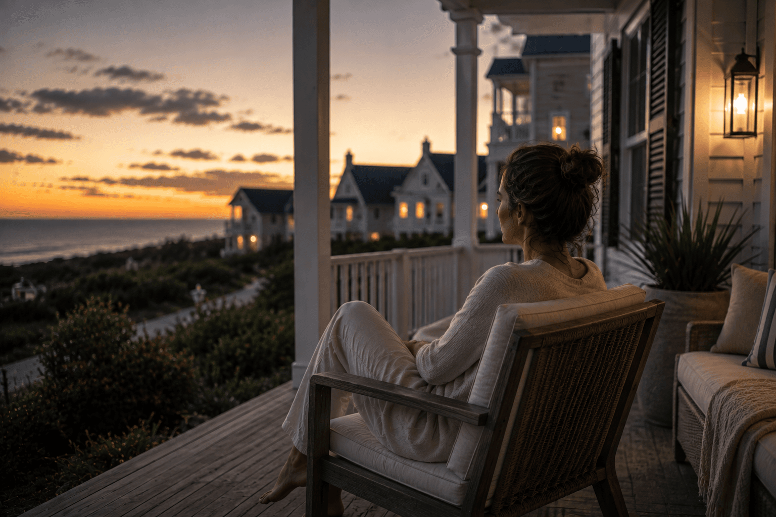 A woman sitting quietly on a coastal porch at sunset during a peaceful alcohol-free evening.