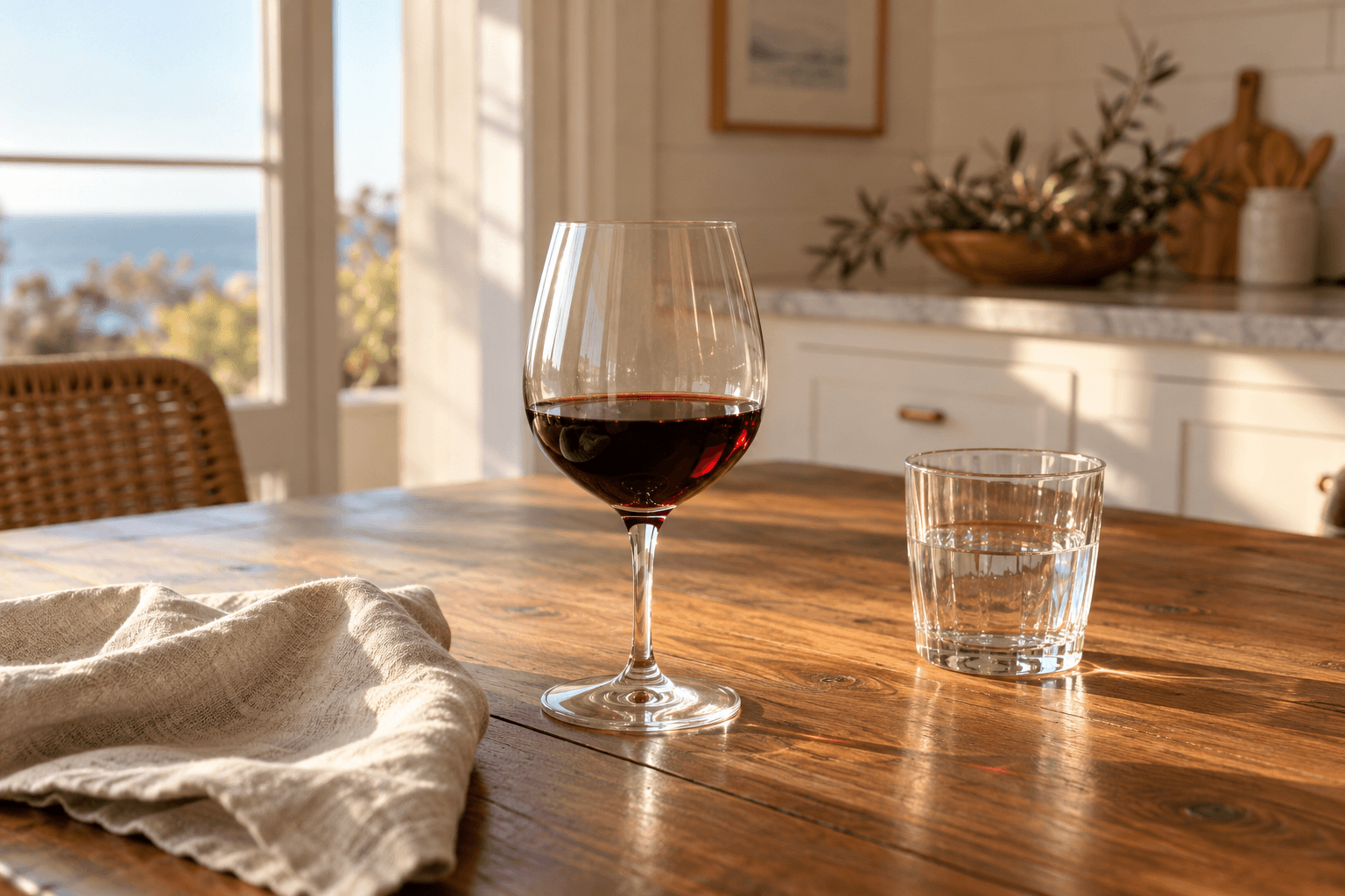 A stemmed glass of red wine beside a water tumbler and linen napkin on a wooden table in a sunlit kitchen.