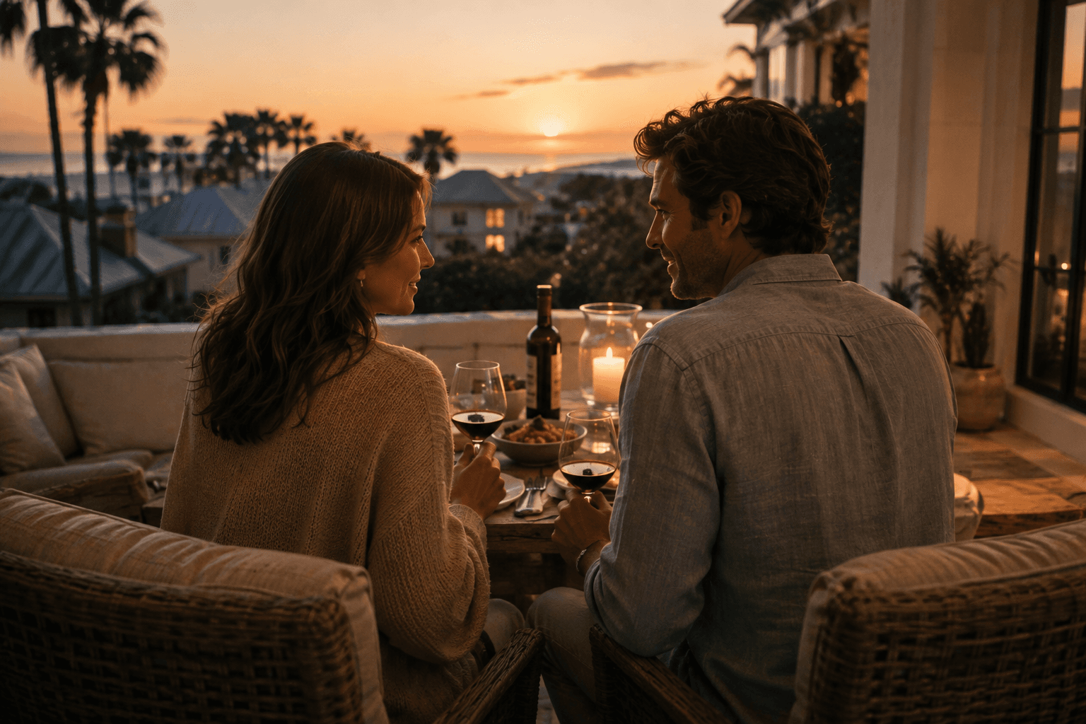 A couple sharing glasses of red wine during a quiet dinner together on their coastal home patio.