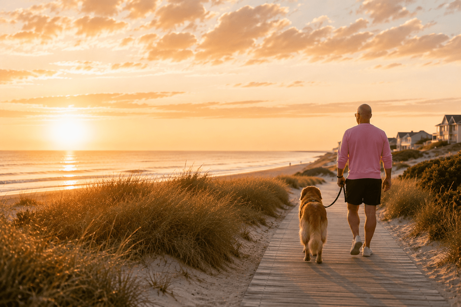 Nova founder Neal walking with his Golden Retriever, Maverick, along a coastal path toward the ocean at sunset.