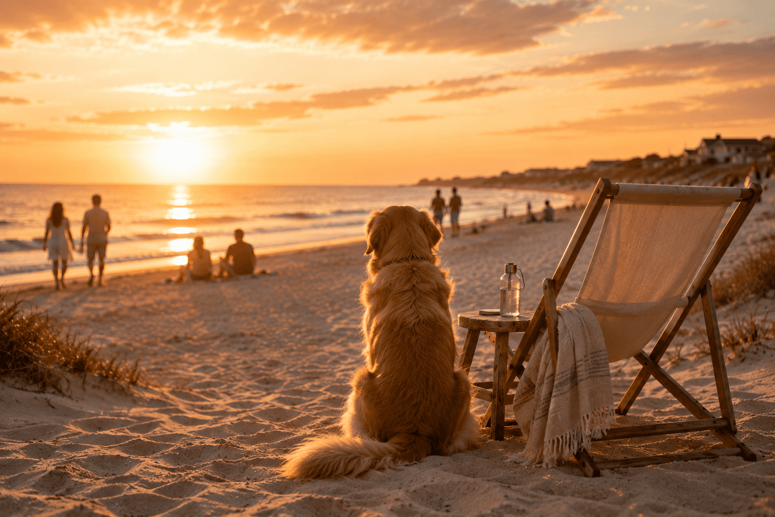 A Golden Retriever peacefully watching the ocean at sunset beside a beach chair.