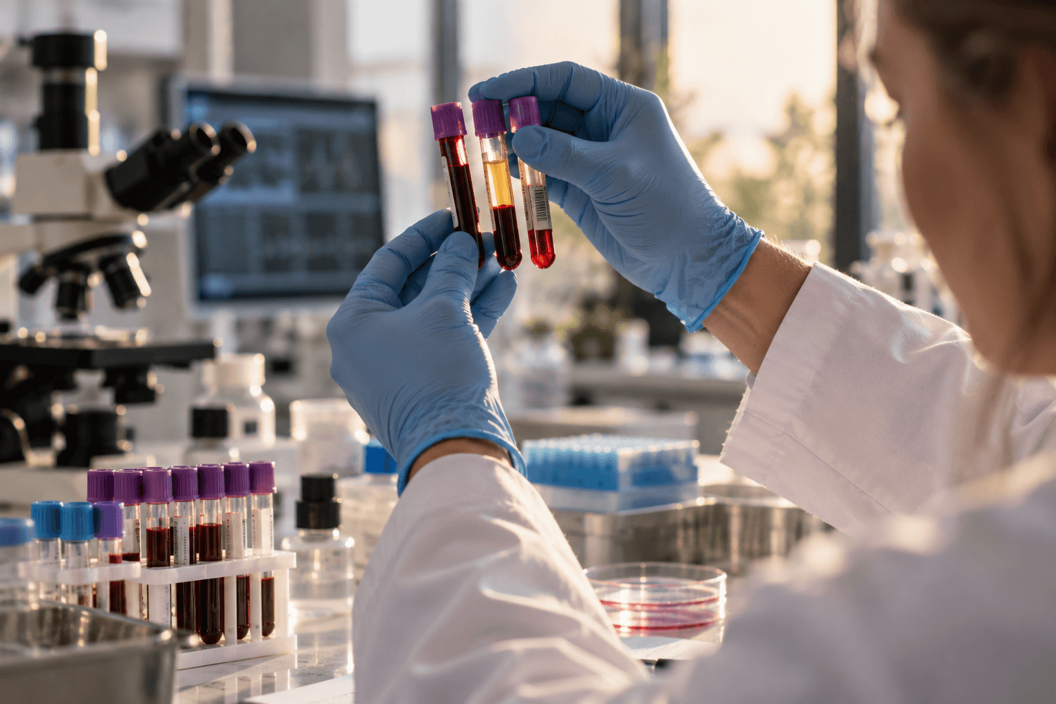 A laboratory researcher examining blood samples with visible plasma separation during an alcohol biomarker study.