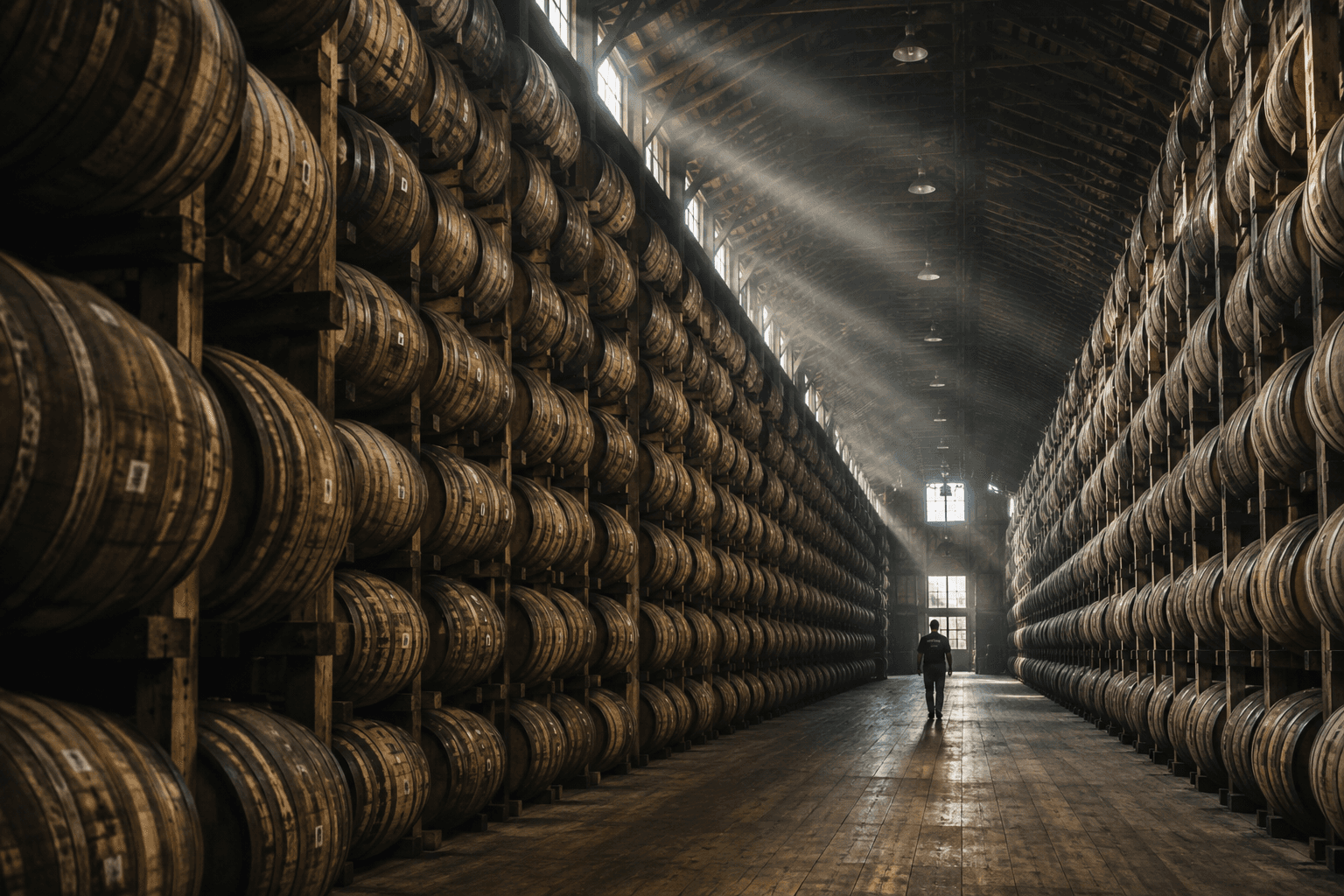 Rows of aging whiskey barrels filling a vast distillery warehouse, with a worker appearing small in the distance.