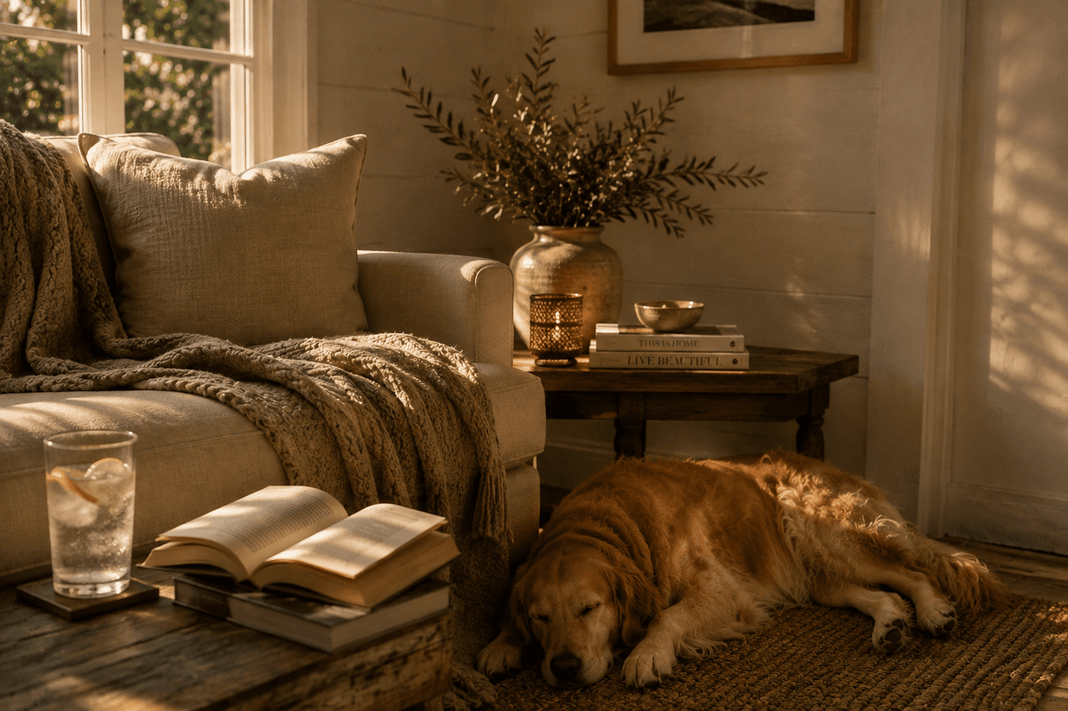An open book and glass of lemon water beside a comfortable chair while a Golden Retriever sleeps in a peaceful coastal living room.