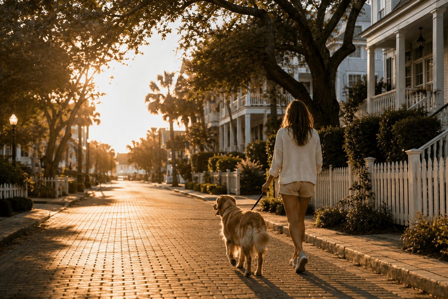 A woman walking a Golden Retriever through a peaceful coastal neighborhood in warm evening light.