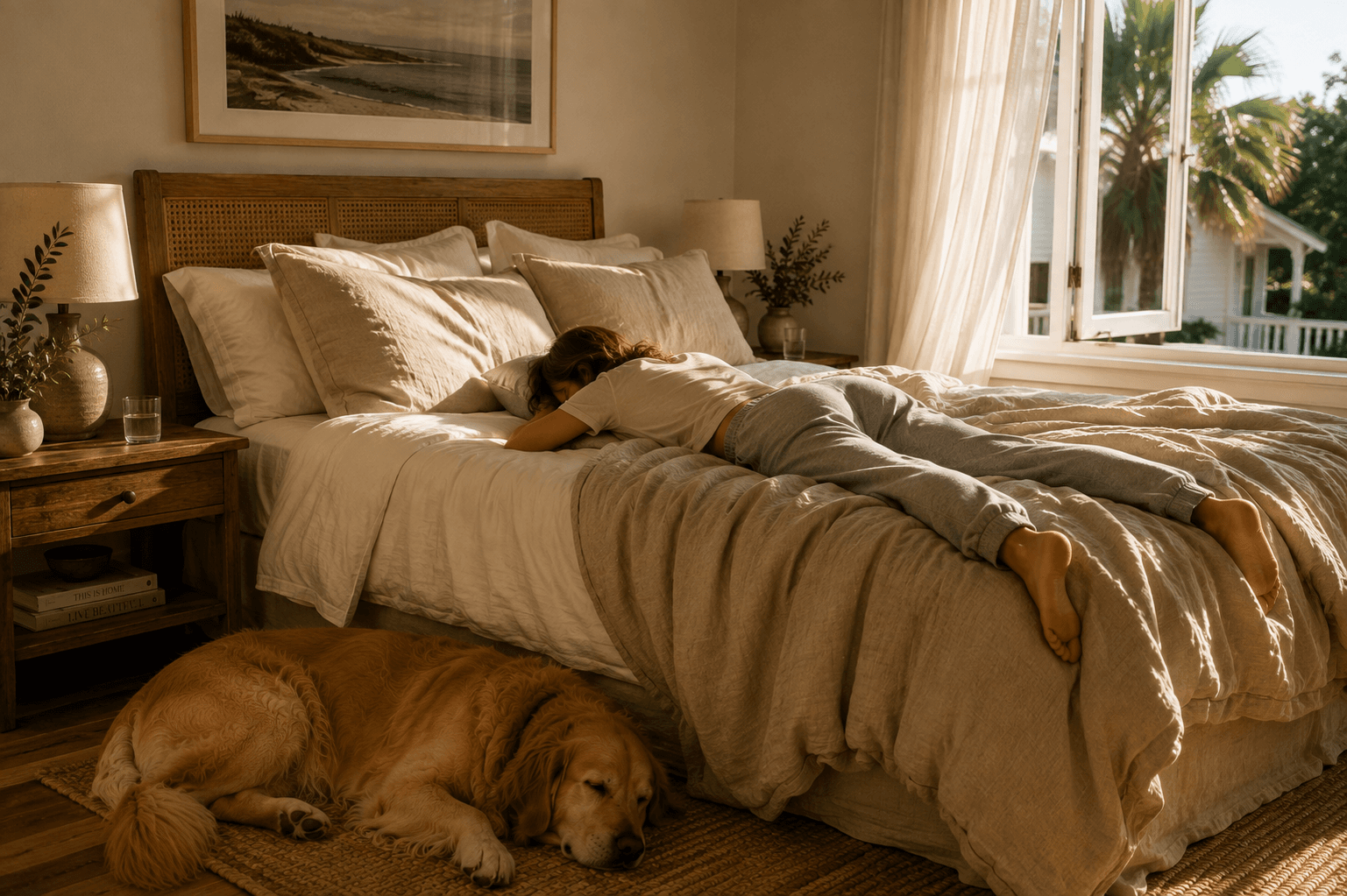 A woman taking an afternoon nap in a peaceful coastal bedroom while a Golden Retriever sleeps nearby.