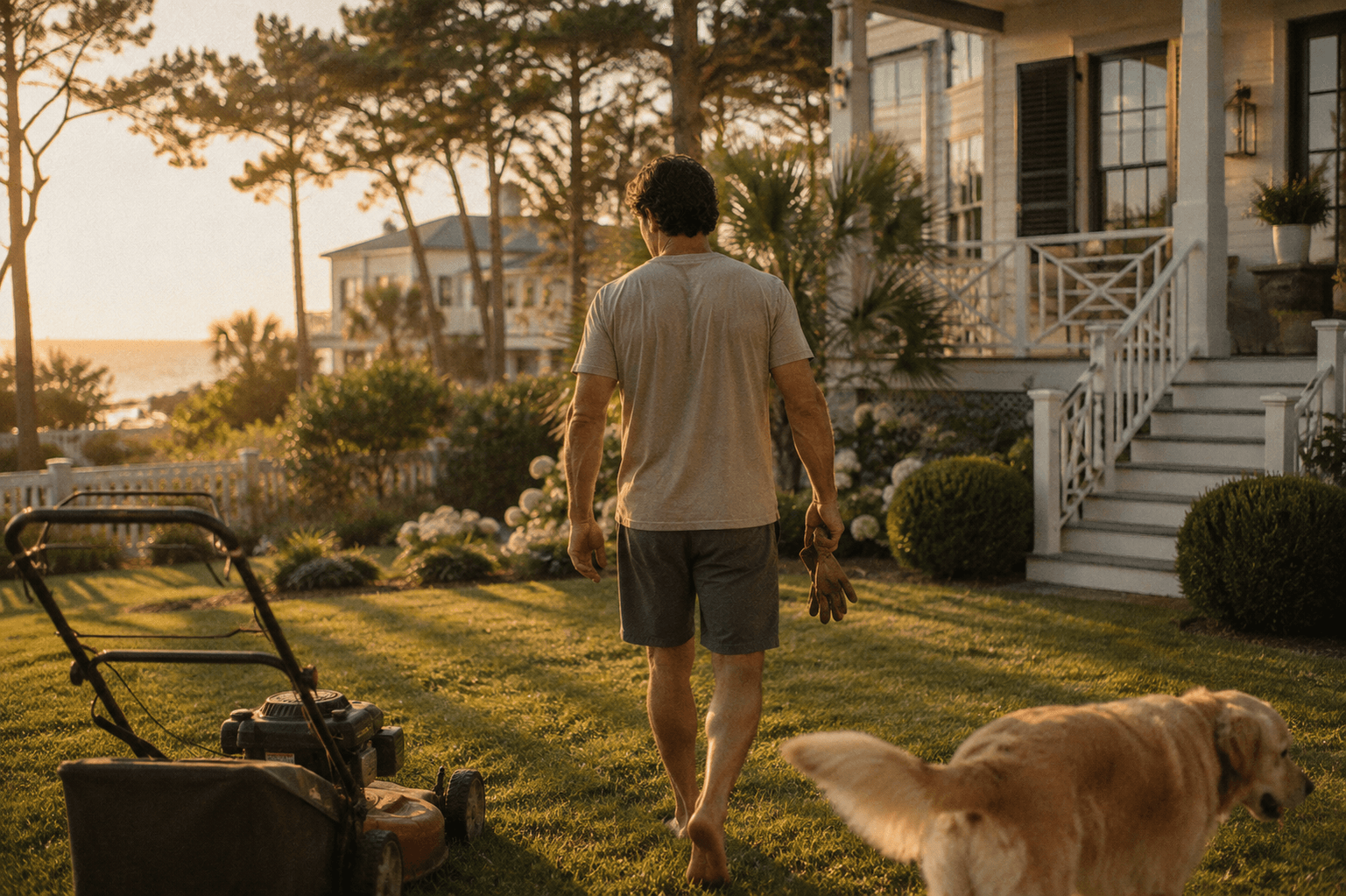 A man finishing yard work outside a coastal home with a lawn mower and golden retriever nearby.