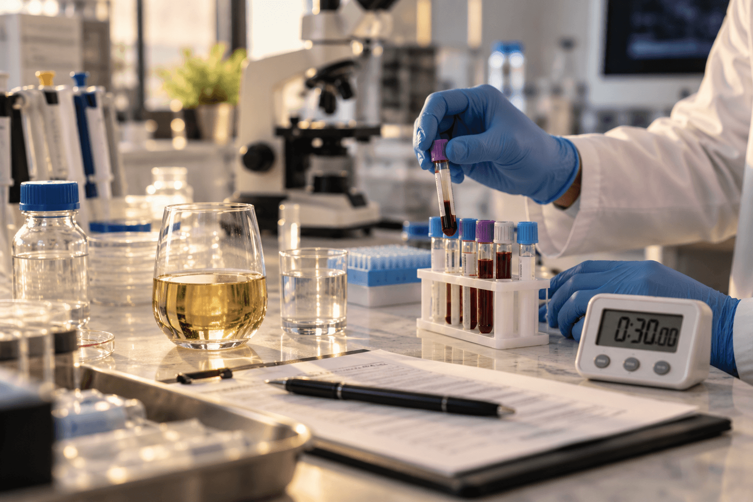 A controlled laboratory alcohol study with a measured drink, blood sample tubes, timer and research equipment.