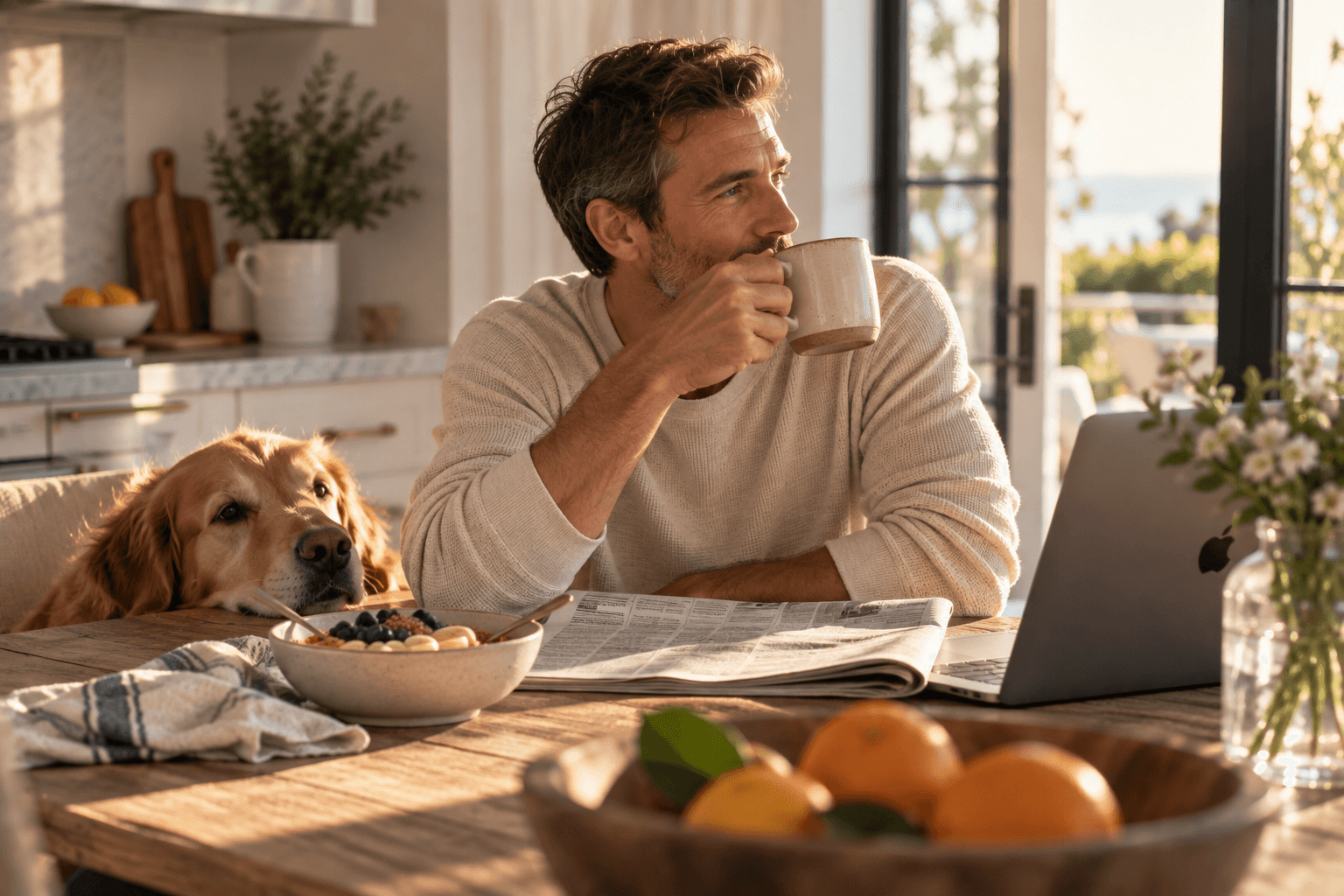 A man having coffee and breakfast in a bright kitchen the morning after an ordinary evening.