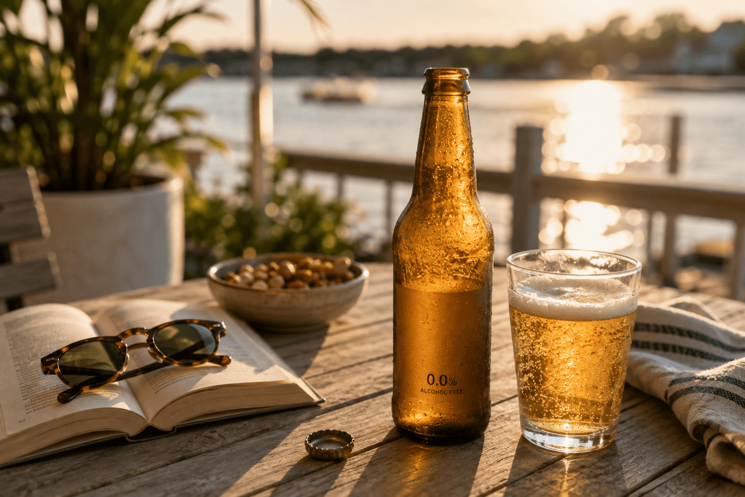 A chilled 0.0% alcohol-free beer and glass on an outdoor table beside a book and sunglasses at sunset.