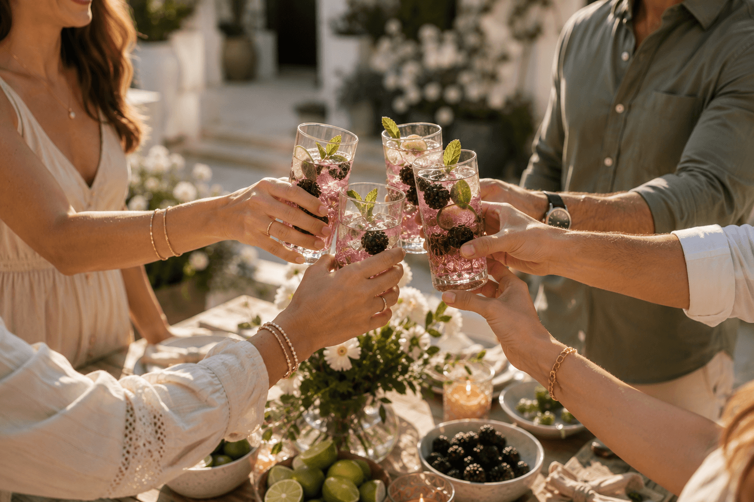 Friends raising glasses of blackberry and lime alcohol-free drinks during a summer gathering.