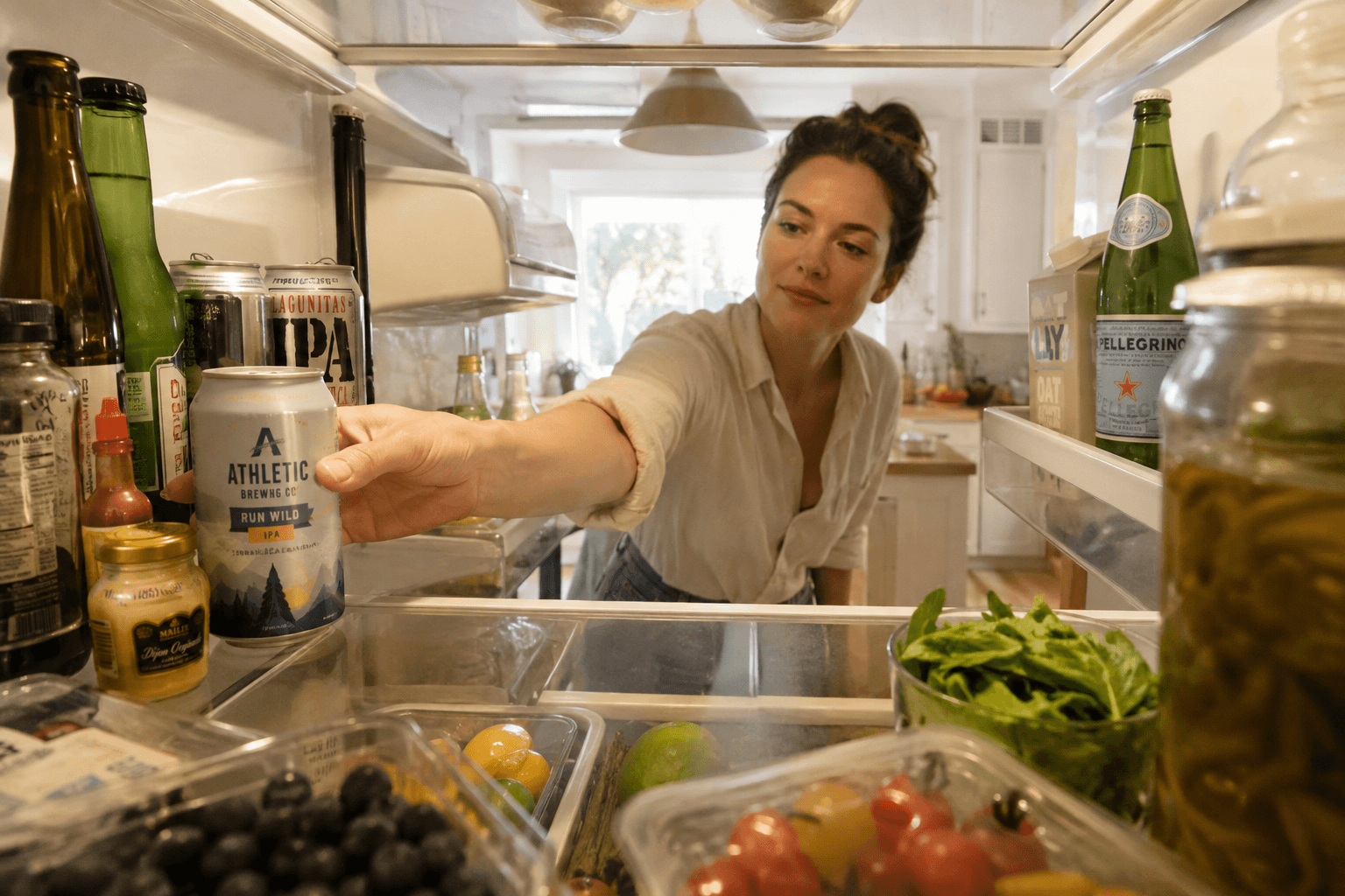 A person reaching into a stocked refrigerator for an alcohol-free drink among everyday groceries and beverage choices.