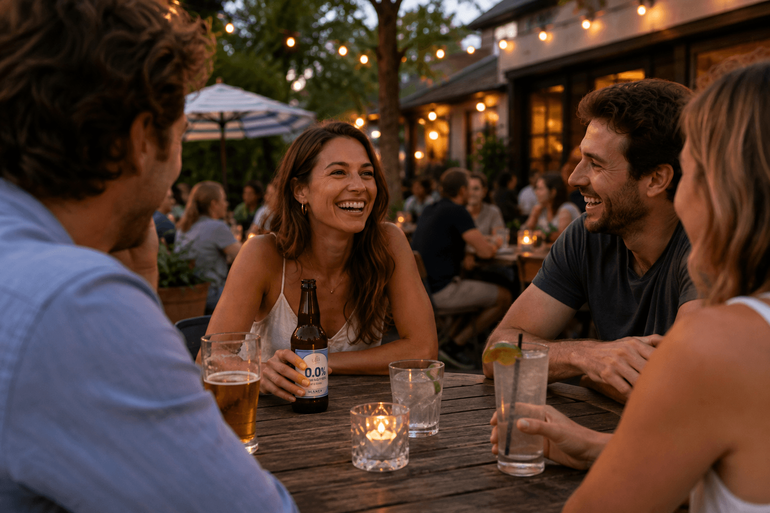 Friends talking and laughing at an outdoor restaurant while one person chooses a 0.0% alcohol-free beer.