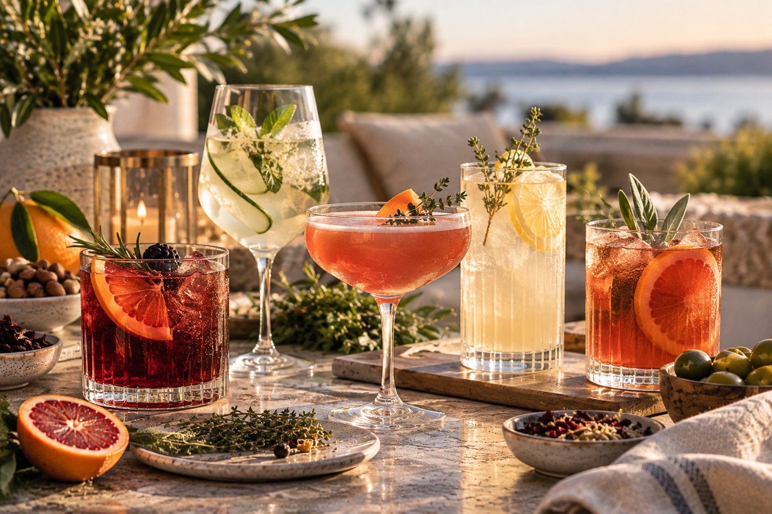 Several sophisticated alcohol-free drinks in different colors and glassware with citrus, herbs and botanicals on a golden-hour terrace.