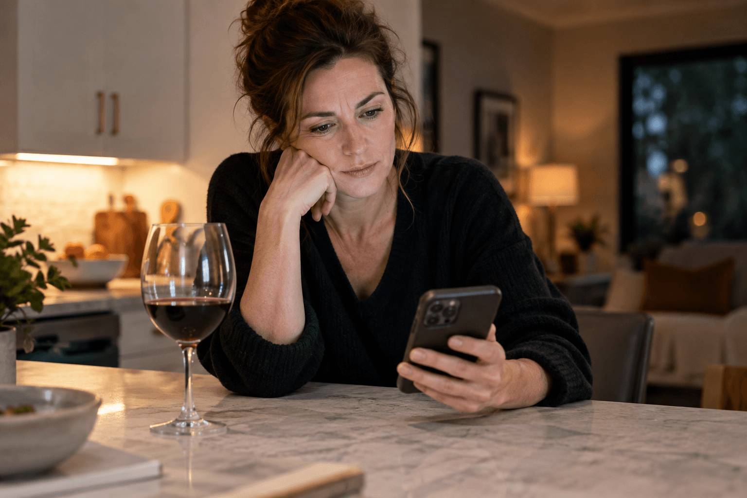 A woman reading health information on her phone at a kitchen counter with a glass of wine nearby, considering what the message means for her own drinking.