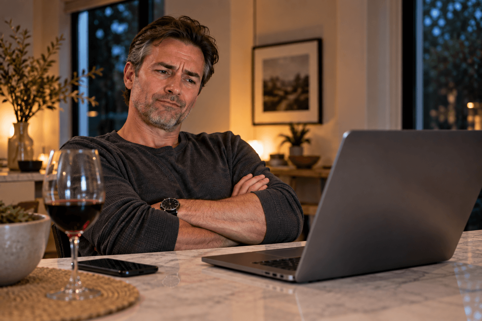 A man sitting with his arms crossed while skeptically reading health information on a laptop with a glass of wine nearby.