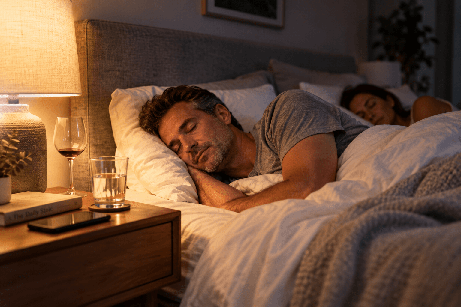 A man sleeping peacefully beside his partner after an evening drink, illustrating how alcohol can make falling asleep feel easy before sleep becomes disrupted later in the night.