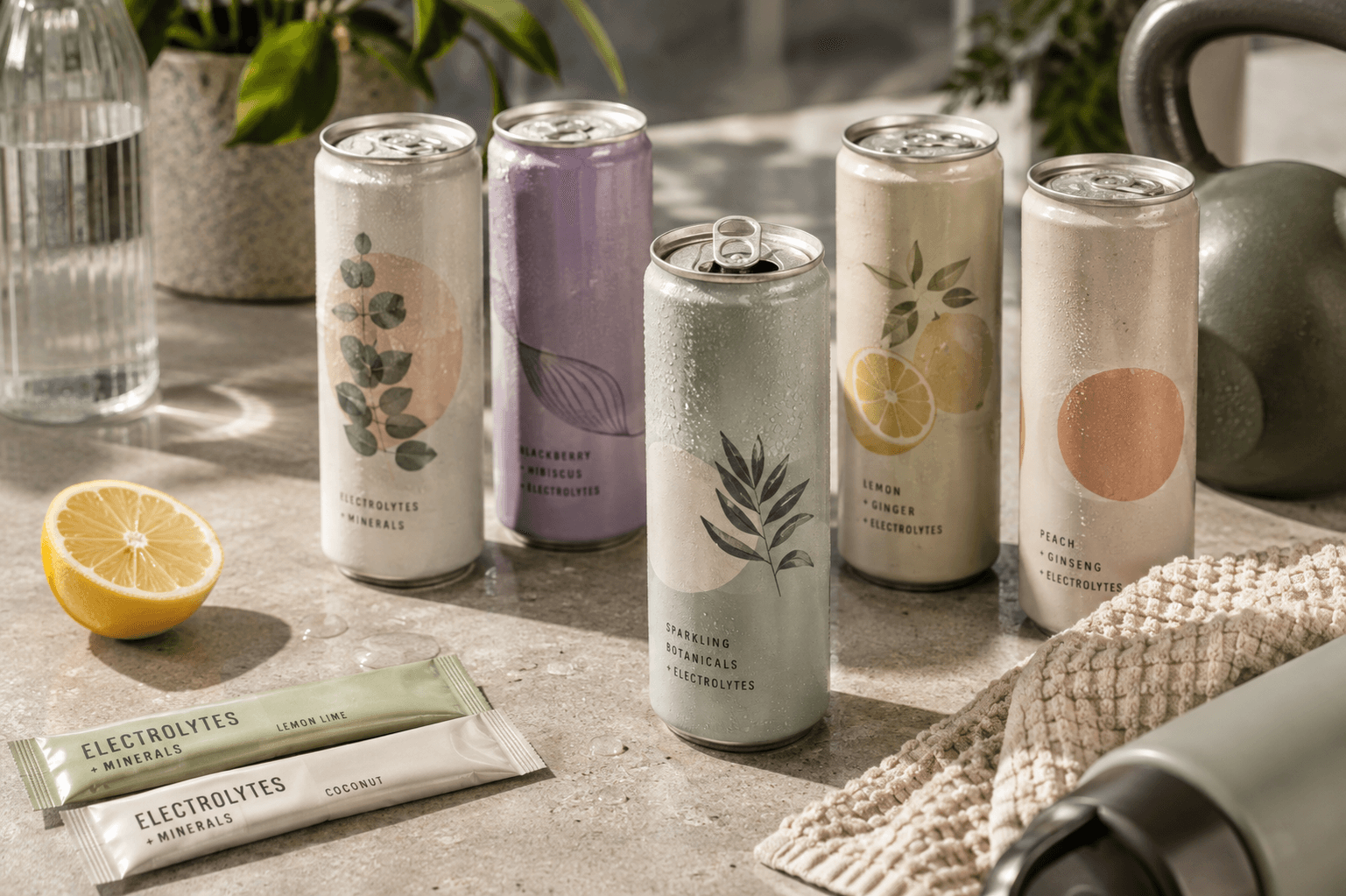Minimal wellness-style beverage cans with botanical designs, electrolytes, lemon, a water bottle, and fitness accessories arranged on a sunlit stone counter.
