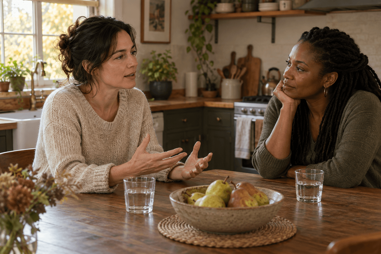 Two adults talking at a wooden kitchen table with water glasses and a bowl of pears.
