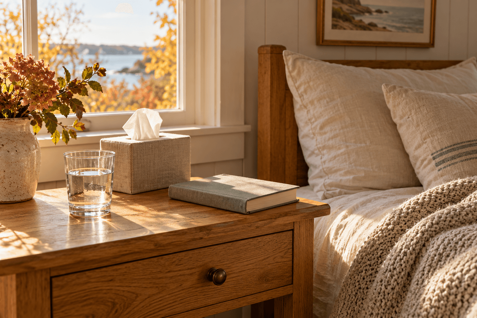 Glass of water, tissue box and closed book on a wooden bedside table beside cream pillows and a knit blanket.
