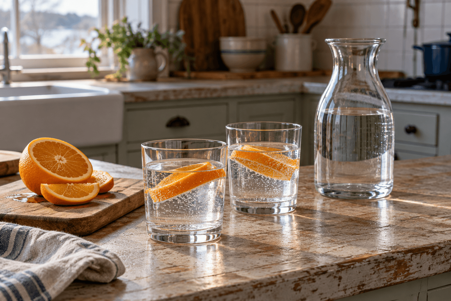 Two clear tumblers with bubbles and orange slices sit beside a glass carafe and sliced orange on a kitchen counter.