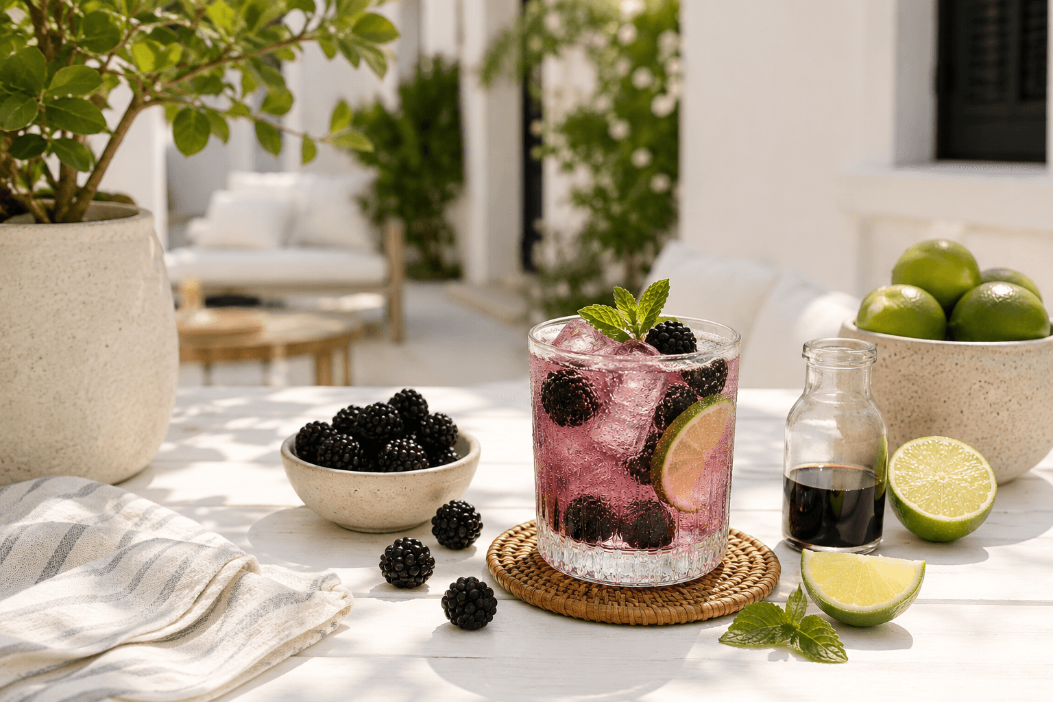 A Blackberry Vanilla Soda mocktail with fresh blackberries, lime, mint, ice, and sparkling water on a bright coastal patio.