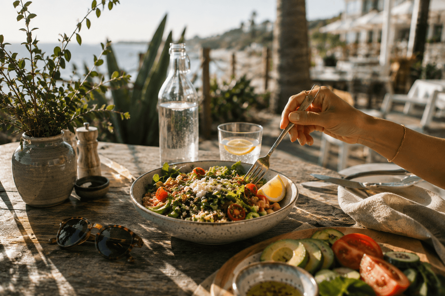 A fresh Mediterranean-style lunch with vegetables, grains, sparkling water, and lemon on a sunny coastal patio during an alcohol-free month.