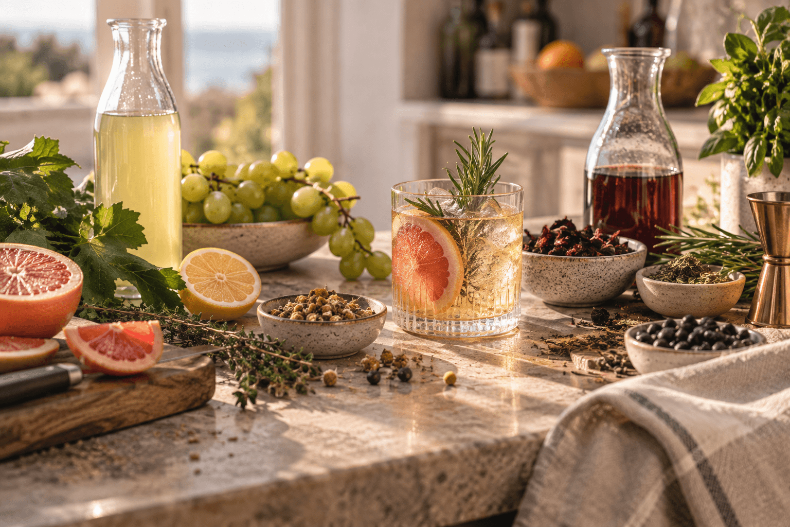 Grapes, citrus, rosemary, tea and botanicals surrounding a sophisticated alcohol-free drink in a bright kitchen.