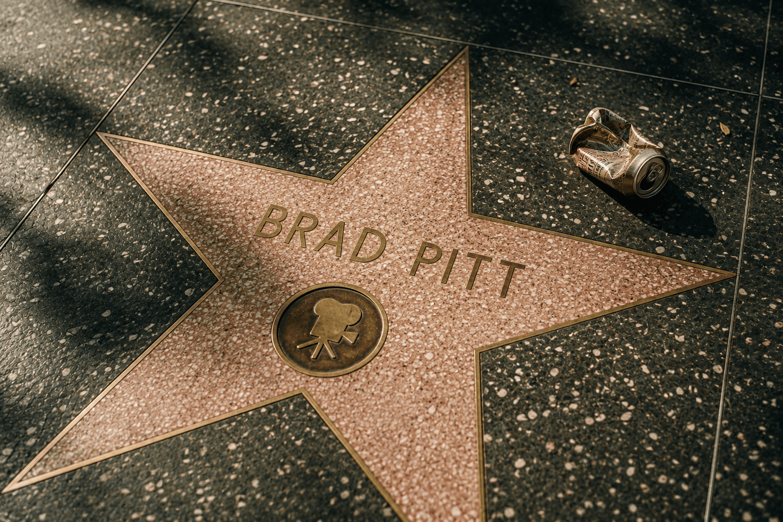 Brad Pitt Hollywood Walk of Fame star with a crushed beer can nearby, representing discussion about his return to drinking after seven years sober.