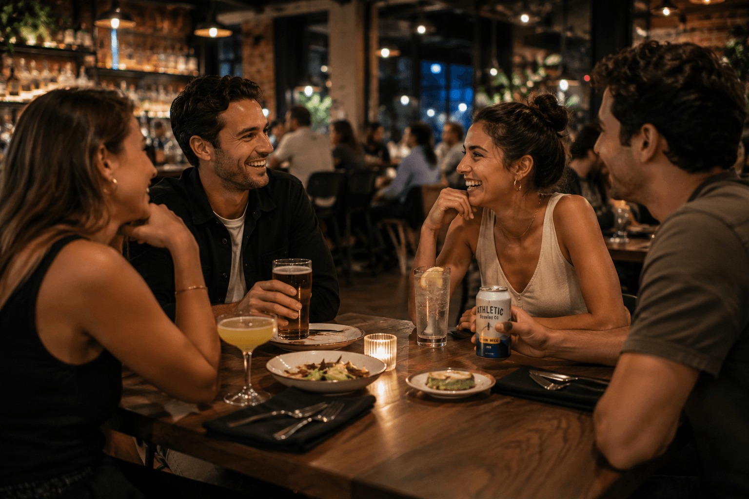 Four friends talking over dinner at a busy restaurant with a mix of alcoholic and alcohol-free drink choices on the table.