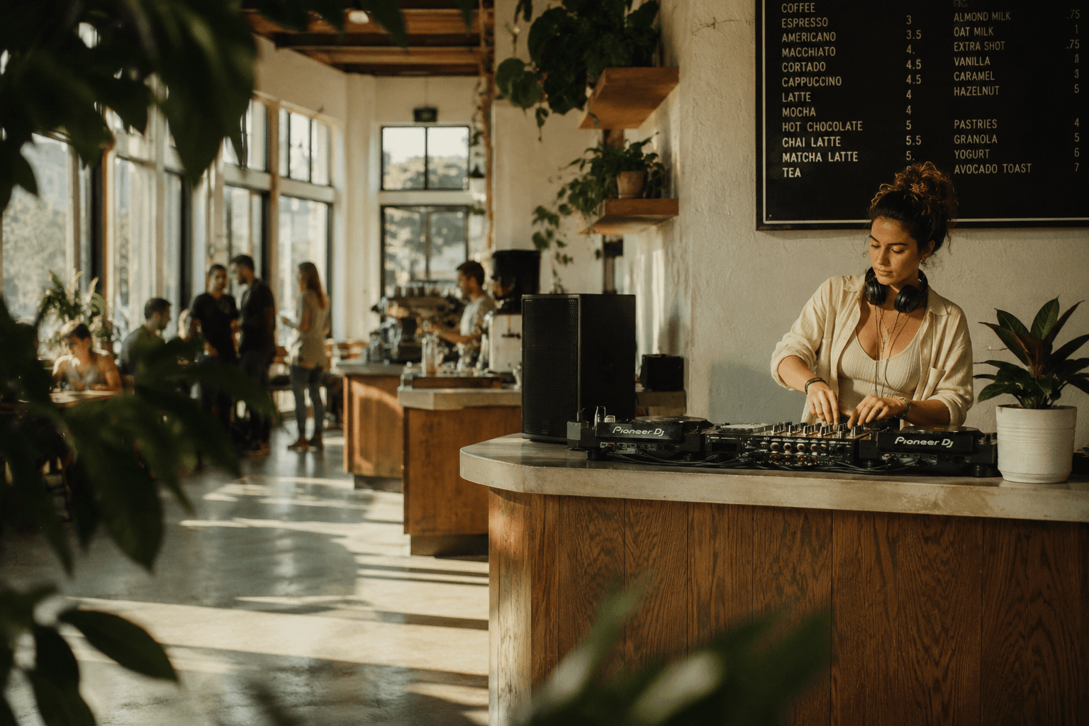 A DJ playing music inside a sunlit coffee shop during a daytime coffee rave.