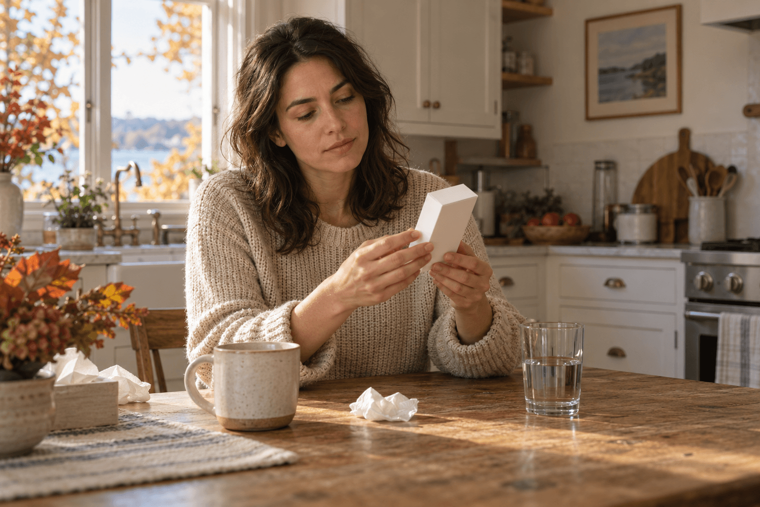 Adult in a cream knit sweater holding a plain white carton at a kitchen table with a mug, water glass and tissues.