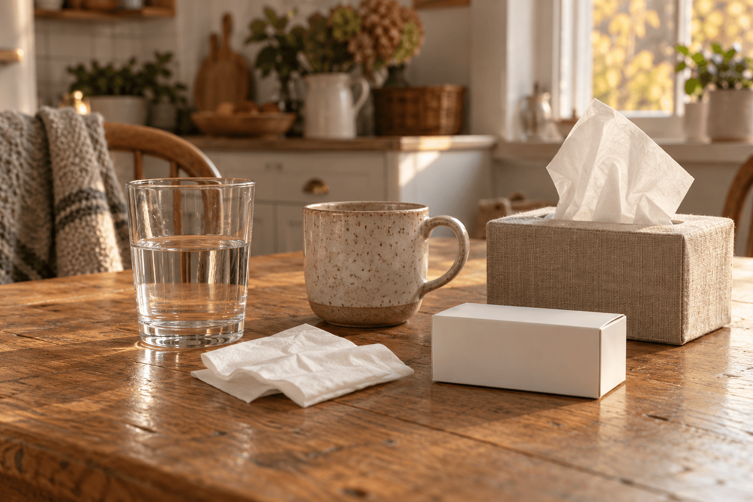 Water glass, ceramic mug, tissues and a closed plain white carton on a sunlit wooden kitchen table.